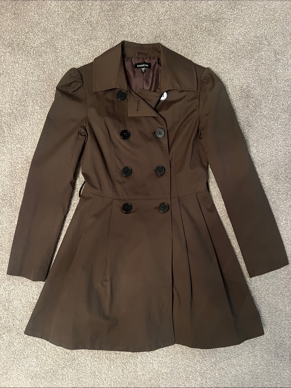 Bebe Fudgesicle Brown Puff Shoulder Fit & Flare Trench Coat XS Y2K 🧥